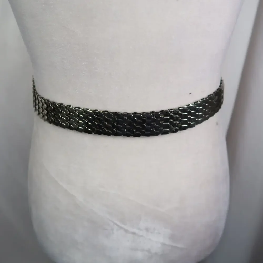 Vintage 80s Silver Nickel Metal Stretch Belt Turquoise Gem Buckle Southwestern